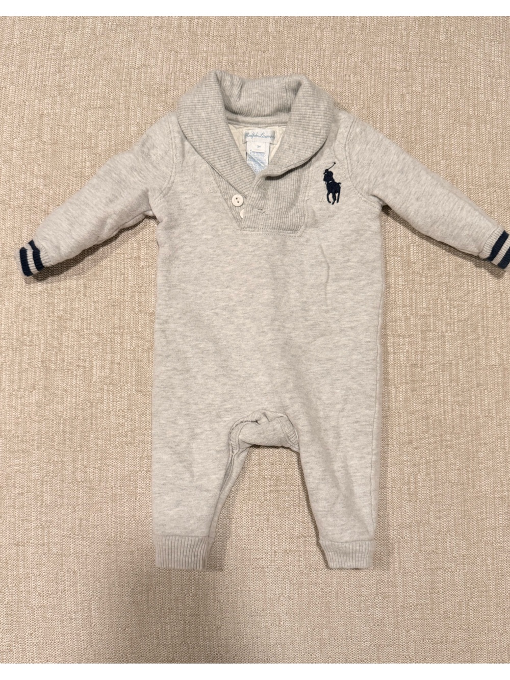 Polo by Ralph Lauren Light Gray Baby Romper with Navy Pony